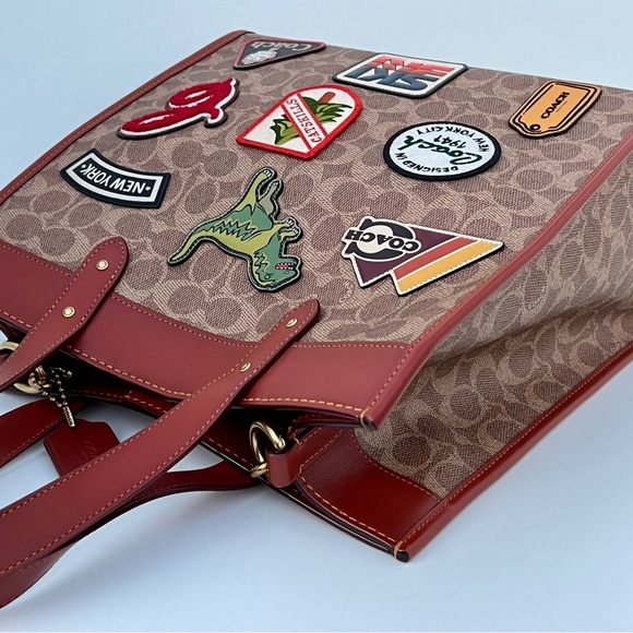 COACH Field Tote In Signature Jacquard Canvas With Patches & Rexy Scarf - Picture 8 of 12